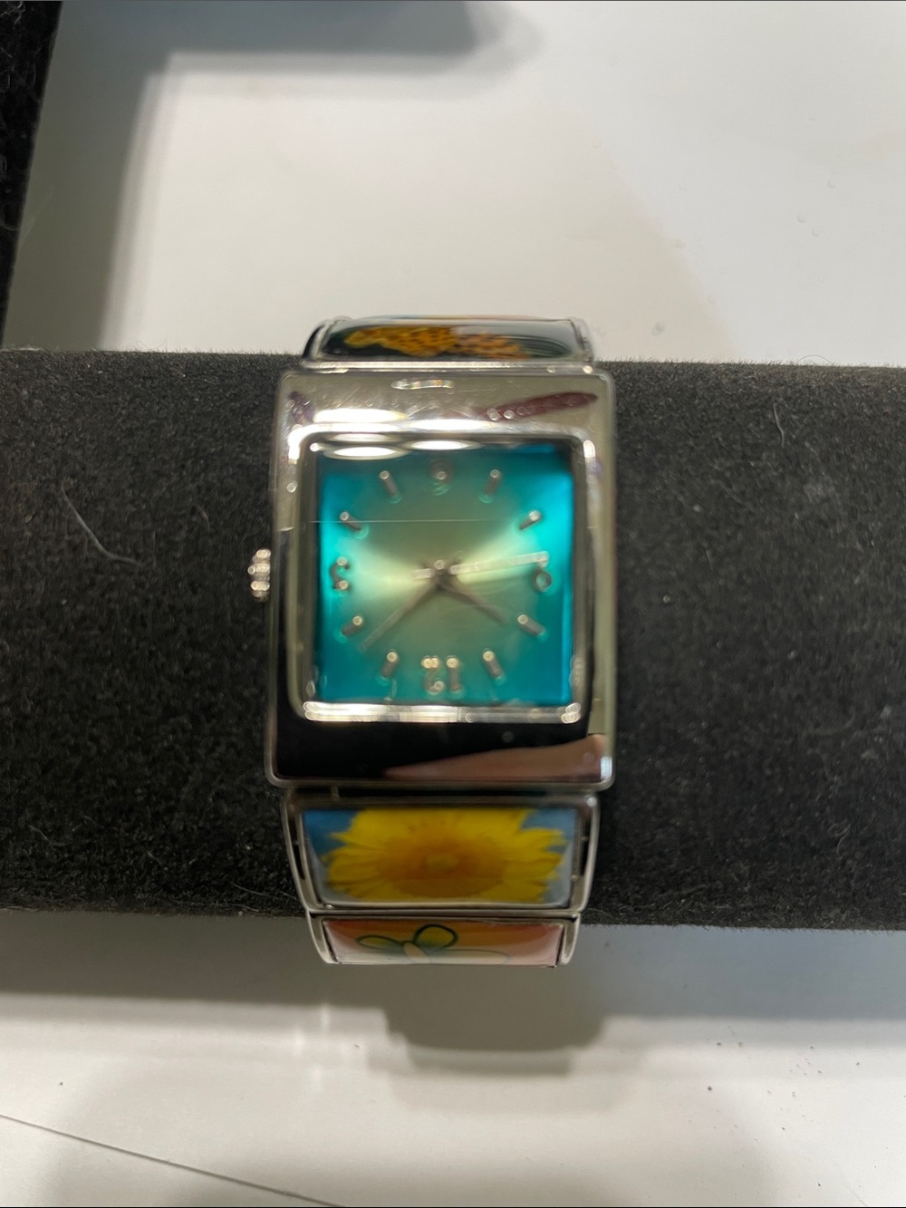 Silver-Tone Watch with Teal Dial and Floral Panel Bracelet.  Needs Battery.